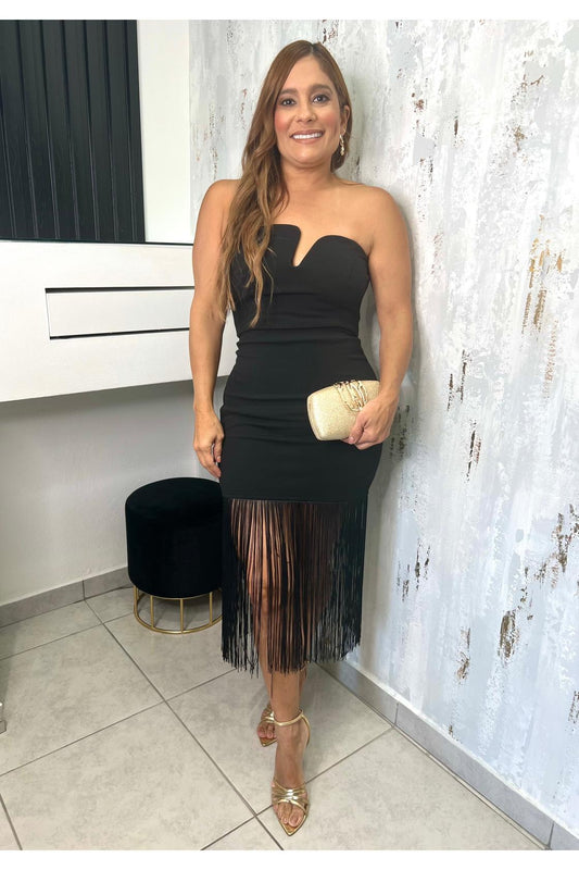 Sirena Strapless V-cutout Neckline
Fringed Midi Dress