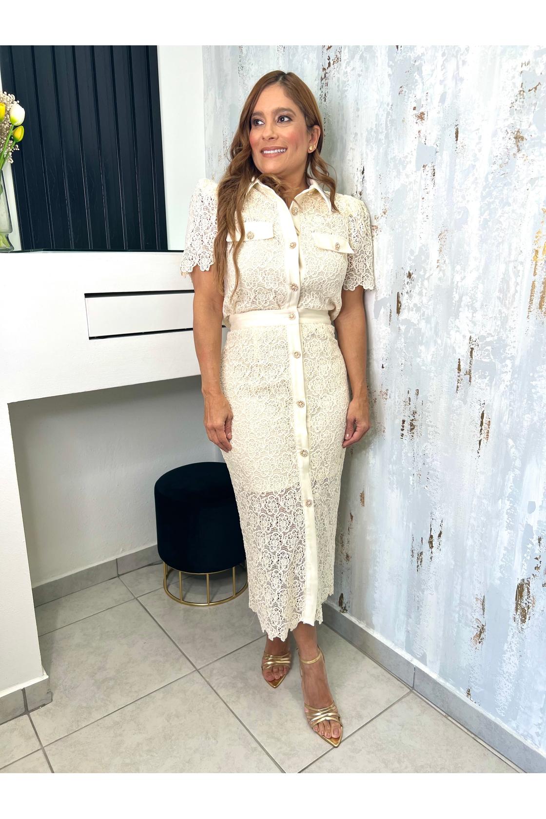 Elisa Set Puff Short Sleeve Pearl Button sequins Lace Blouse & Mini Skirt