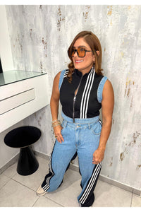 Denim Contrast  Set With White Stripe Pattern