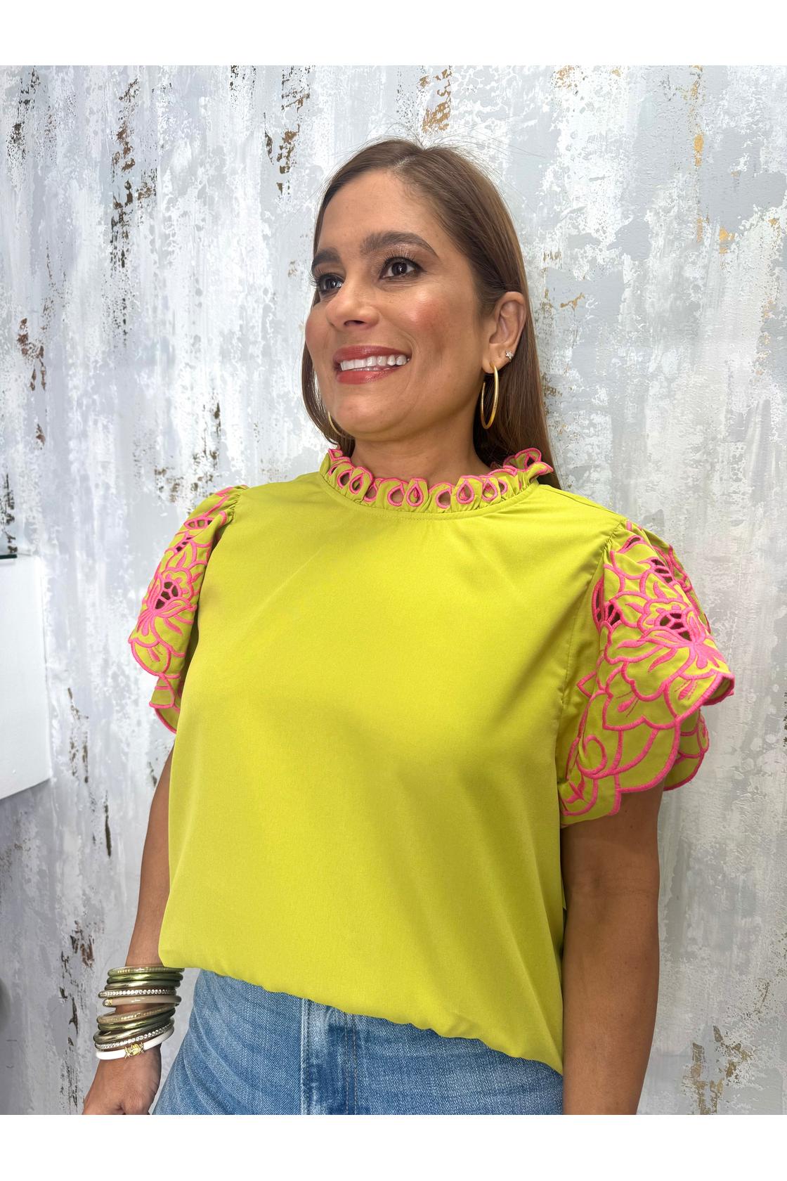 Solid Embroidery Cap Sleeves Top