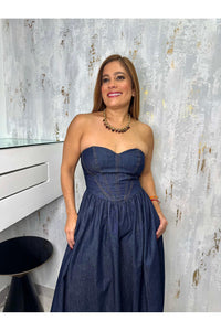 A Denim Midi Dress Featuring Strapless Sweetheart Neckline  Bustier Top