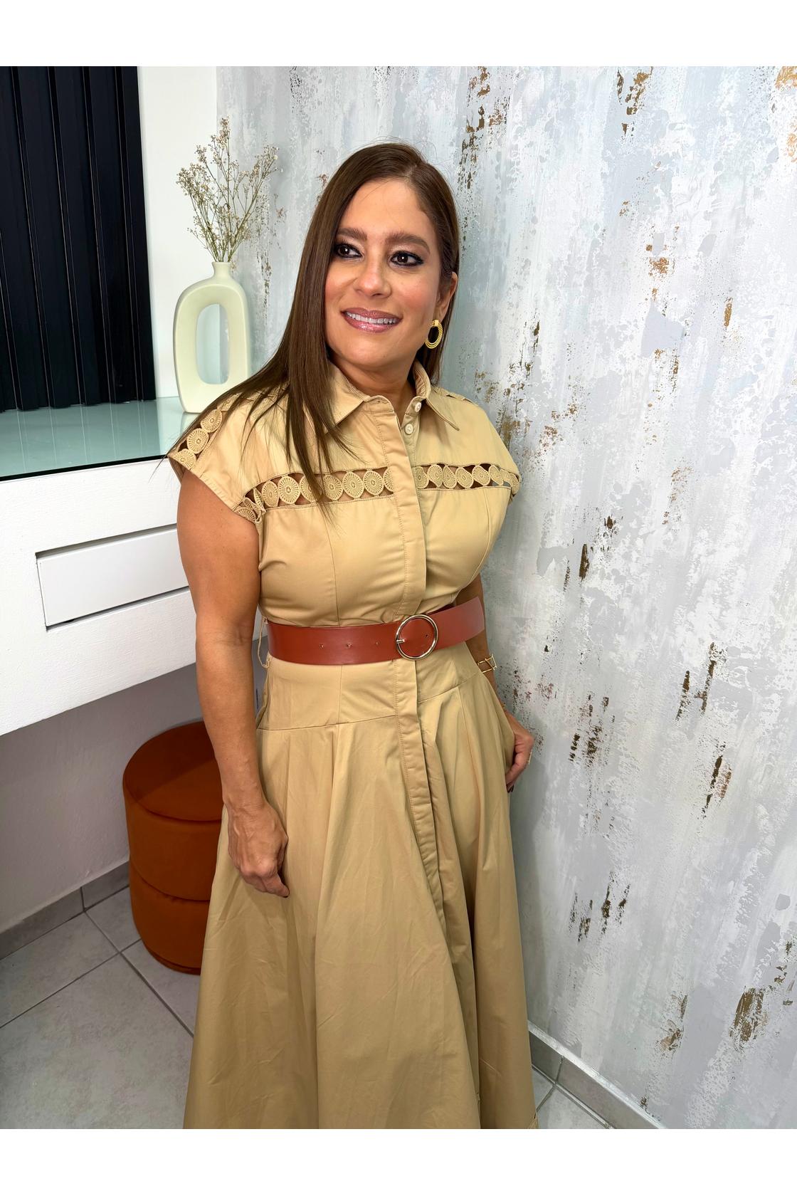 Camel Eyelet Maxi Shirt Dress