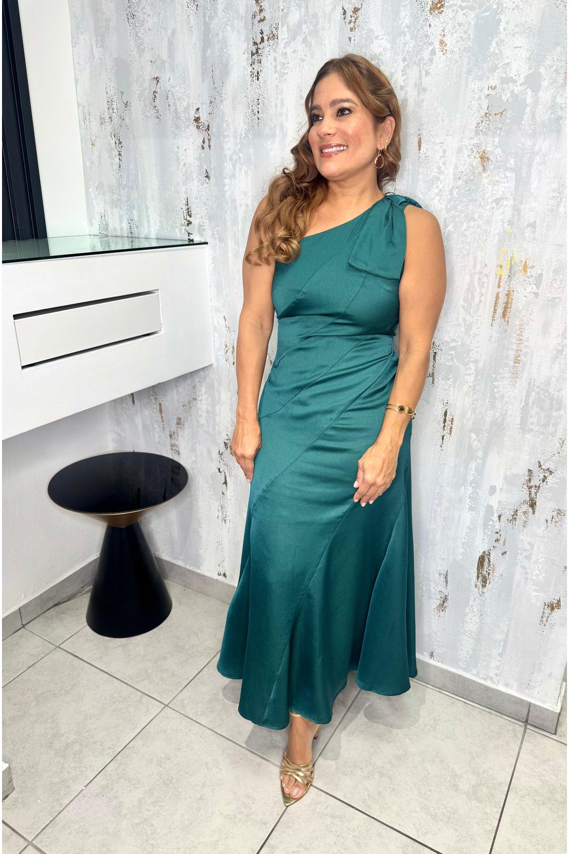 Holiday Glam One-shoulder Bow Detail Midi Dress