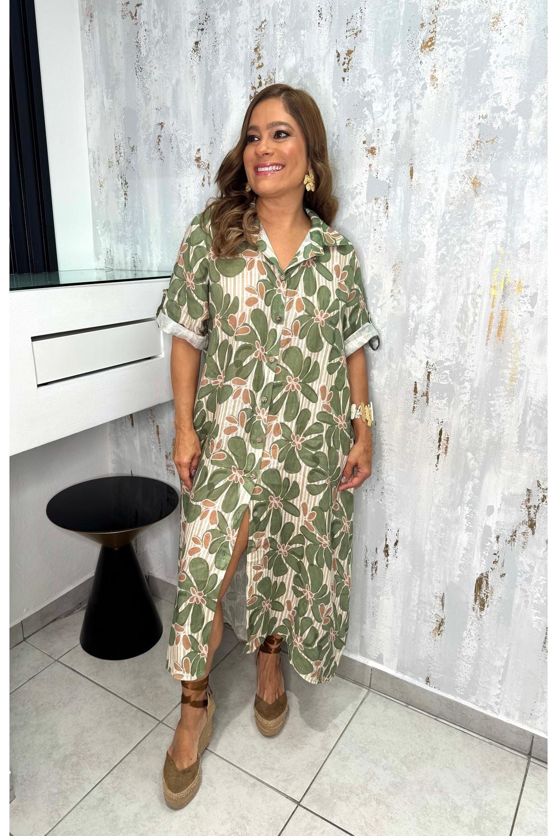 Button Down Flower Linen Dress