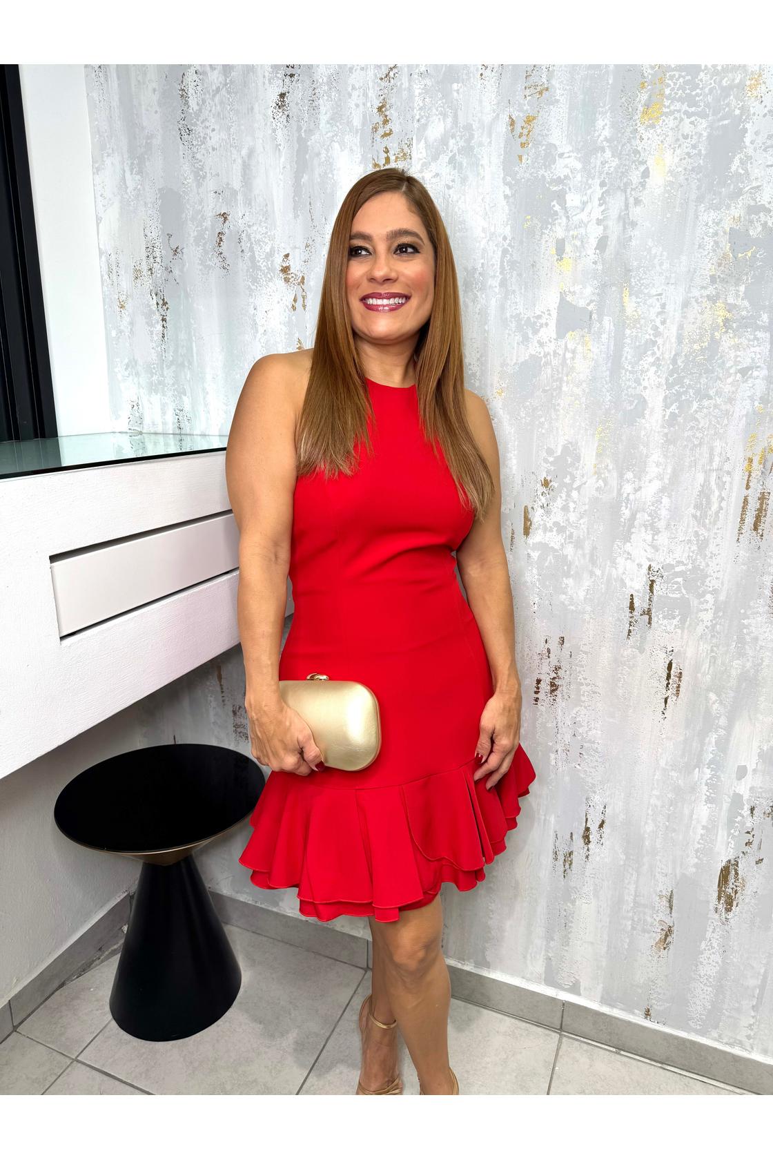 Halter Neck Tie-back Ruffle
Hem Mini Dress