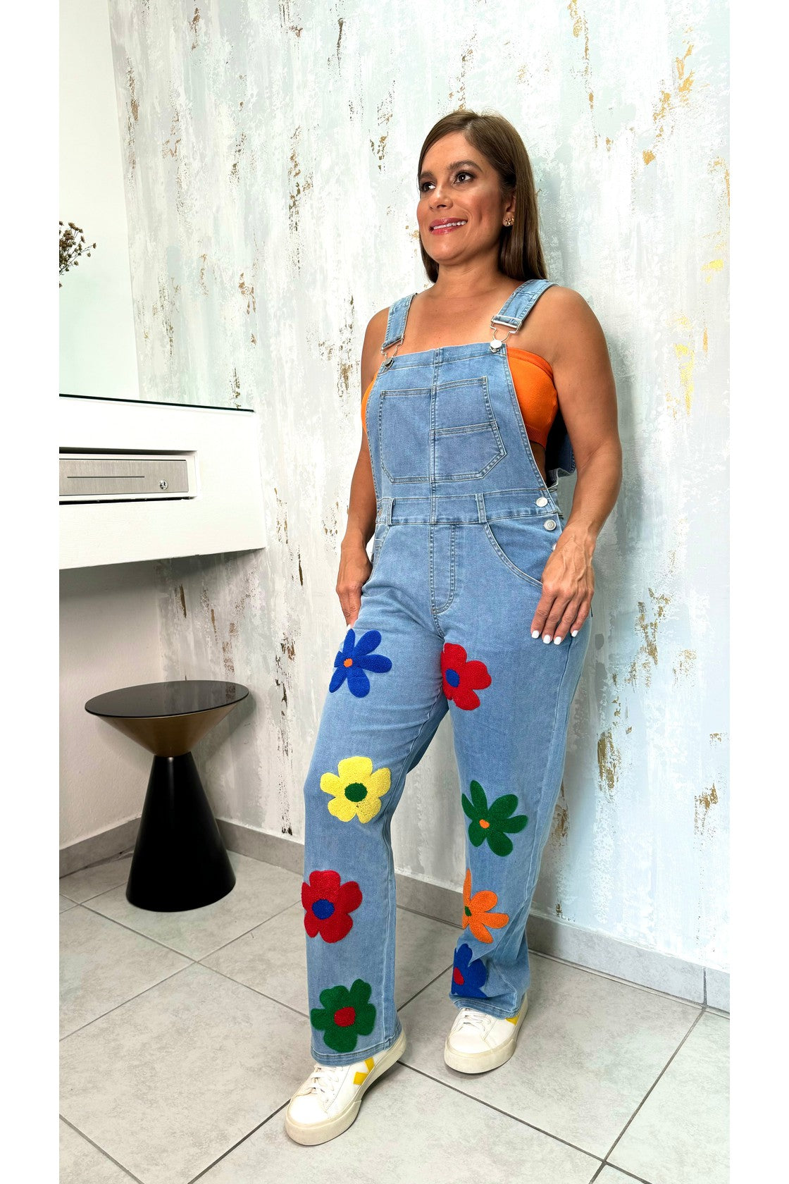 CHENILLE FLOWER PATCH WASHED DENIM OVERALLS