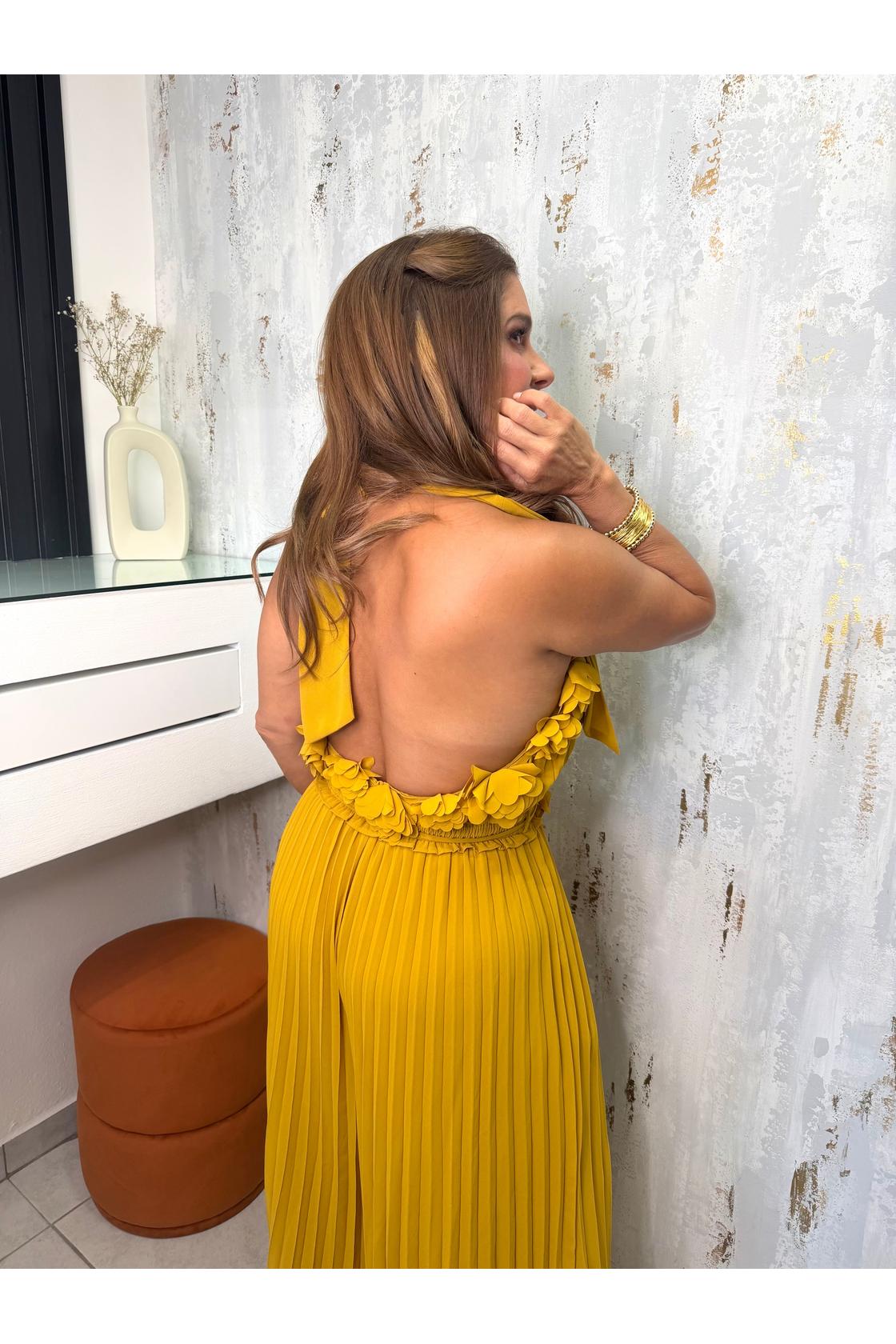 Mustard Yellow Pleated Floral Jumpsuit