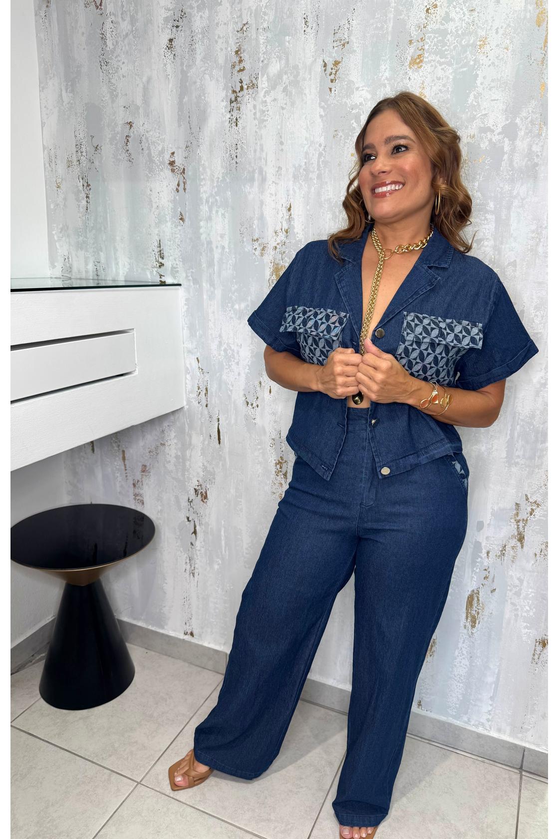 Denim Button Shirt Top And Pants Set