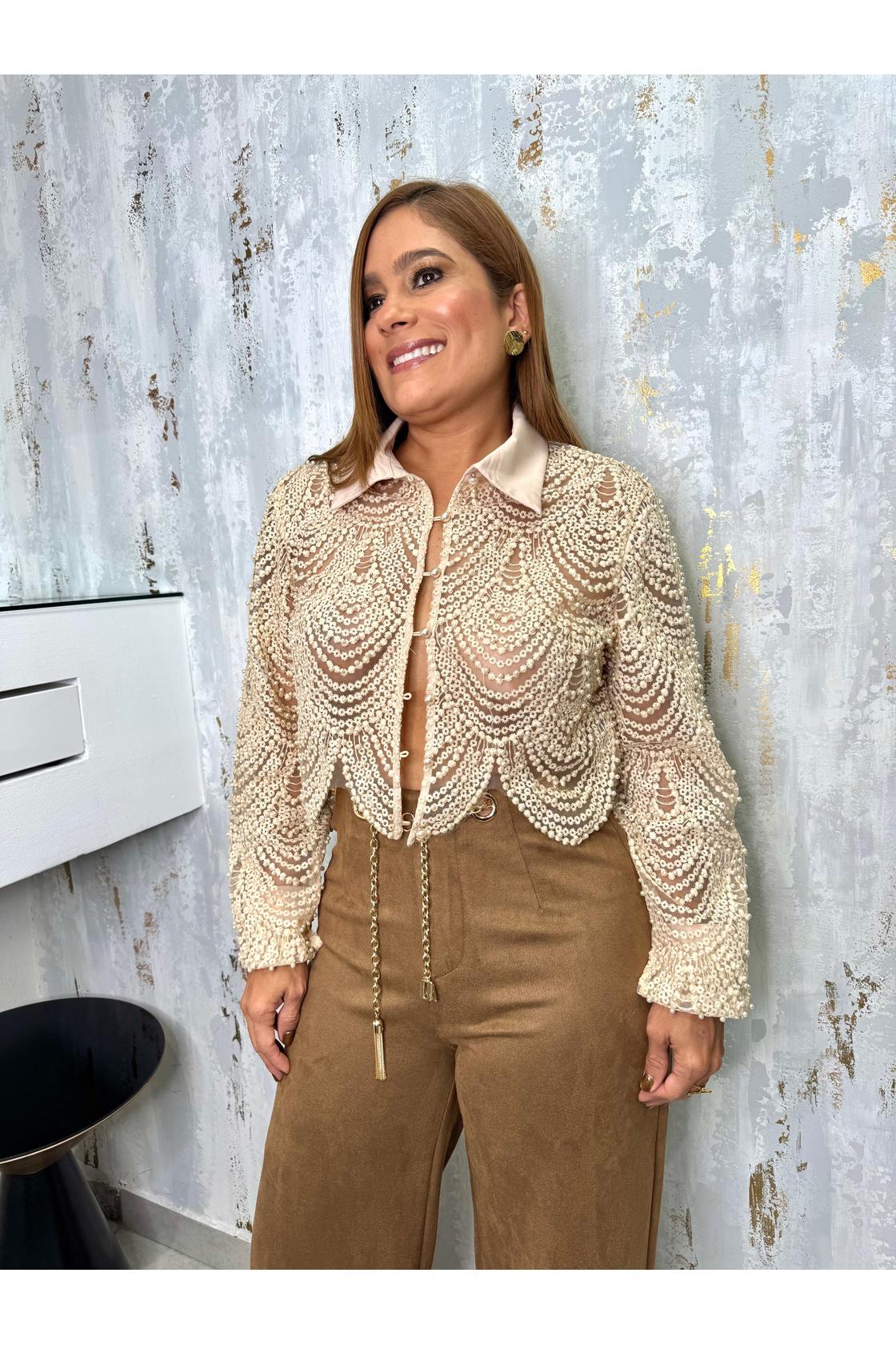 Pearl Lace Embroidered Button Blouse