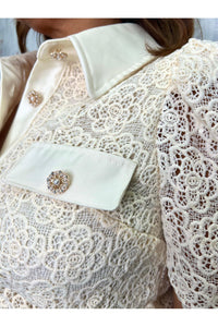 Elisa Set Puff Short Sleeve Pearl Button sequins Lace Blouse & Mini Skirt