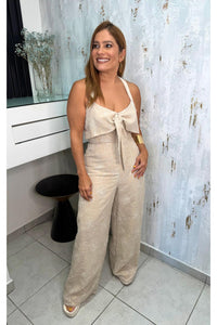 Embroidered Linen  Halter Neck  Tie Front  Detail Jumpsuit