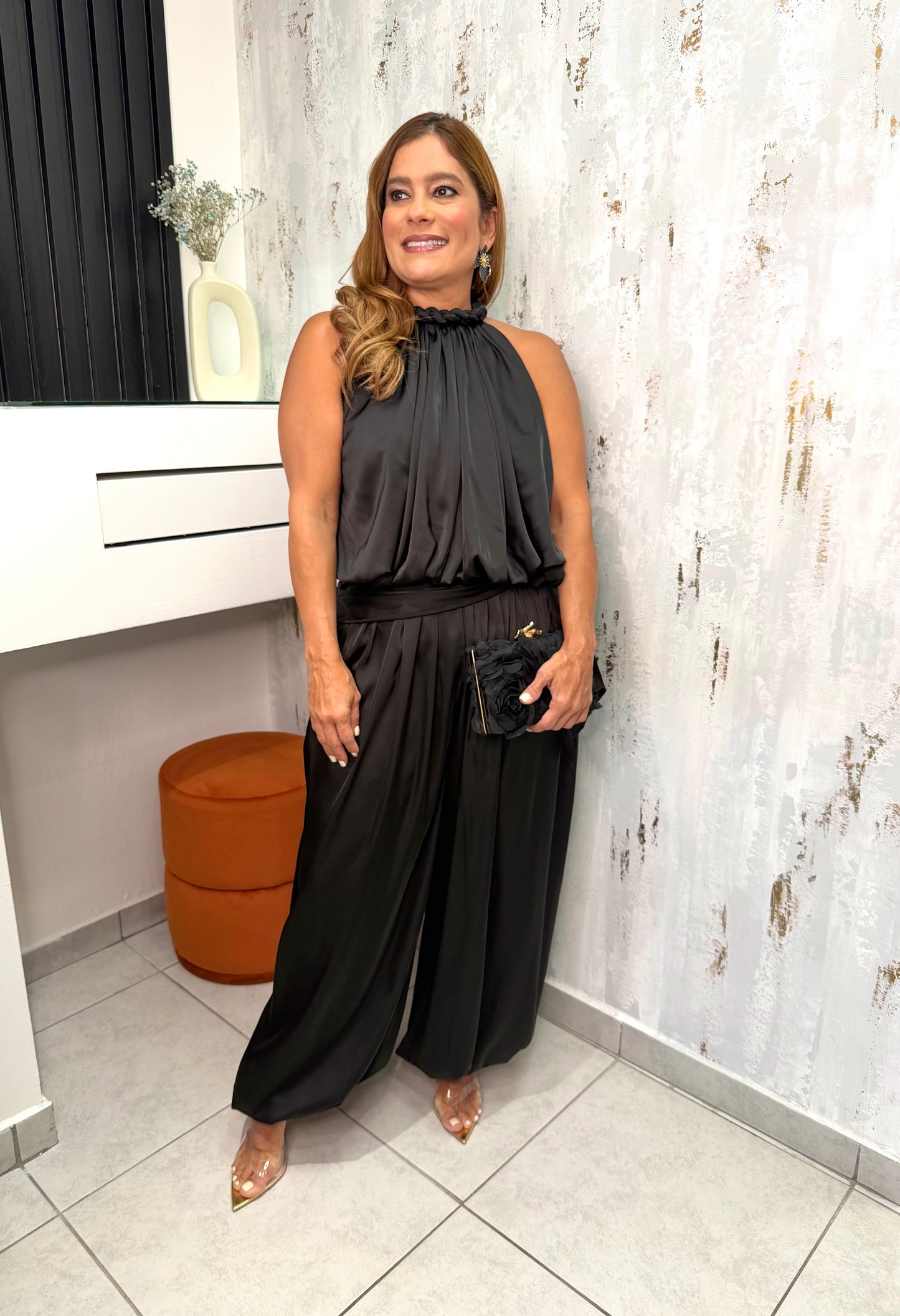 Satin Halter Neck Open Back
Top And Draped Balloon Aladdin Pants  Set