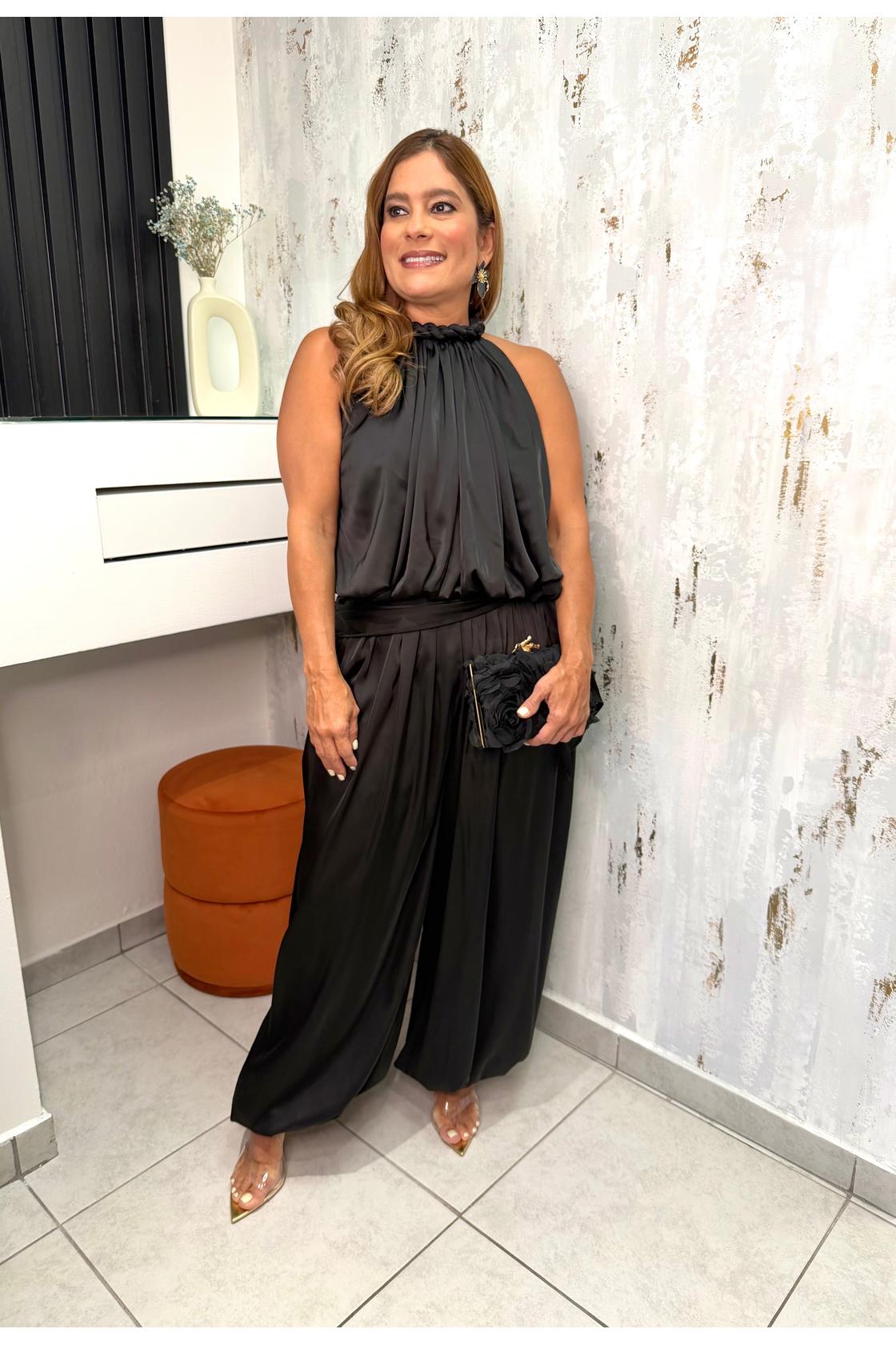 Satin Halter Neck Open Back
Top And Draped Balloon Aladdin Pants  Set