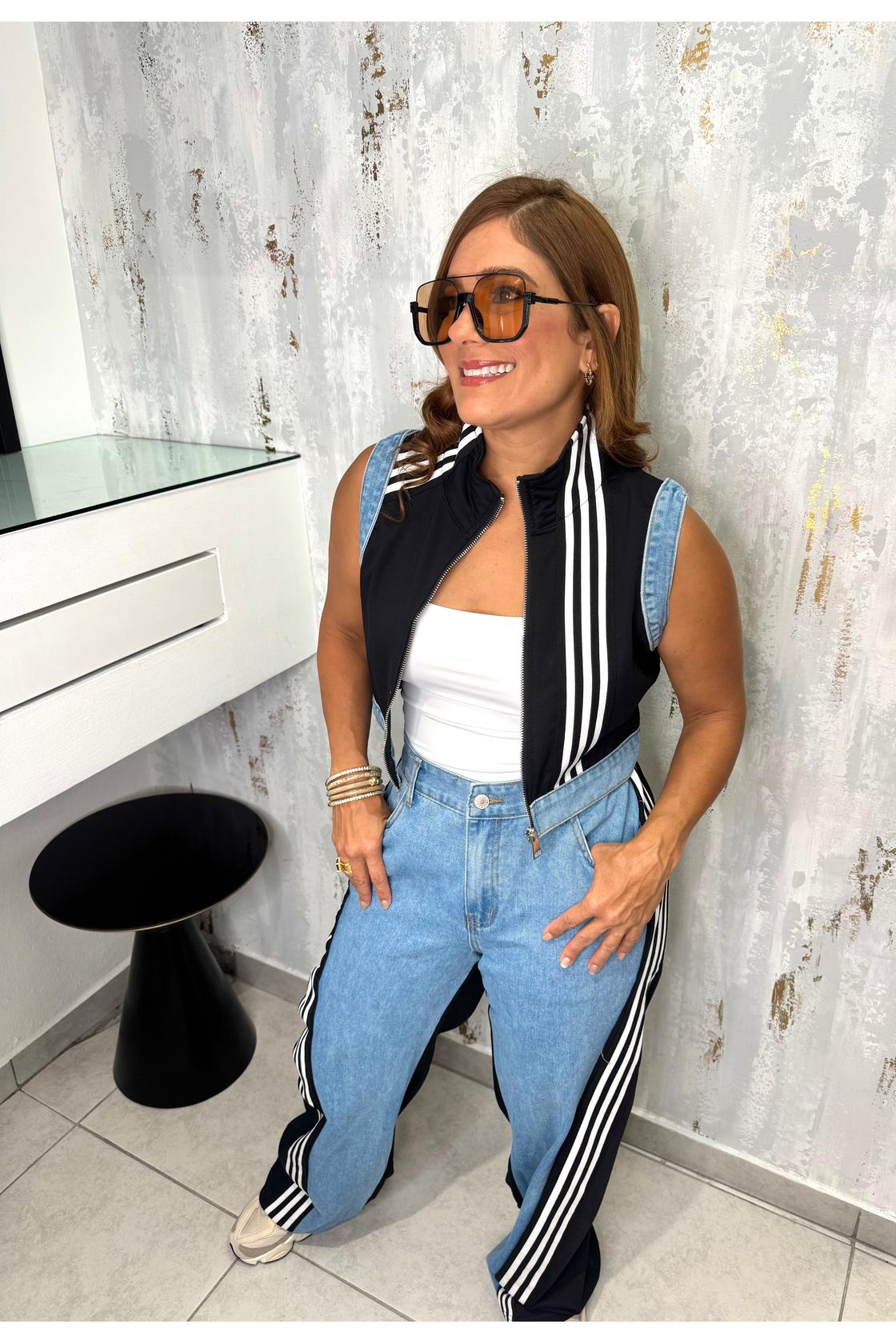 Denim Contrast  Set With White Stripe Pattern