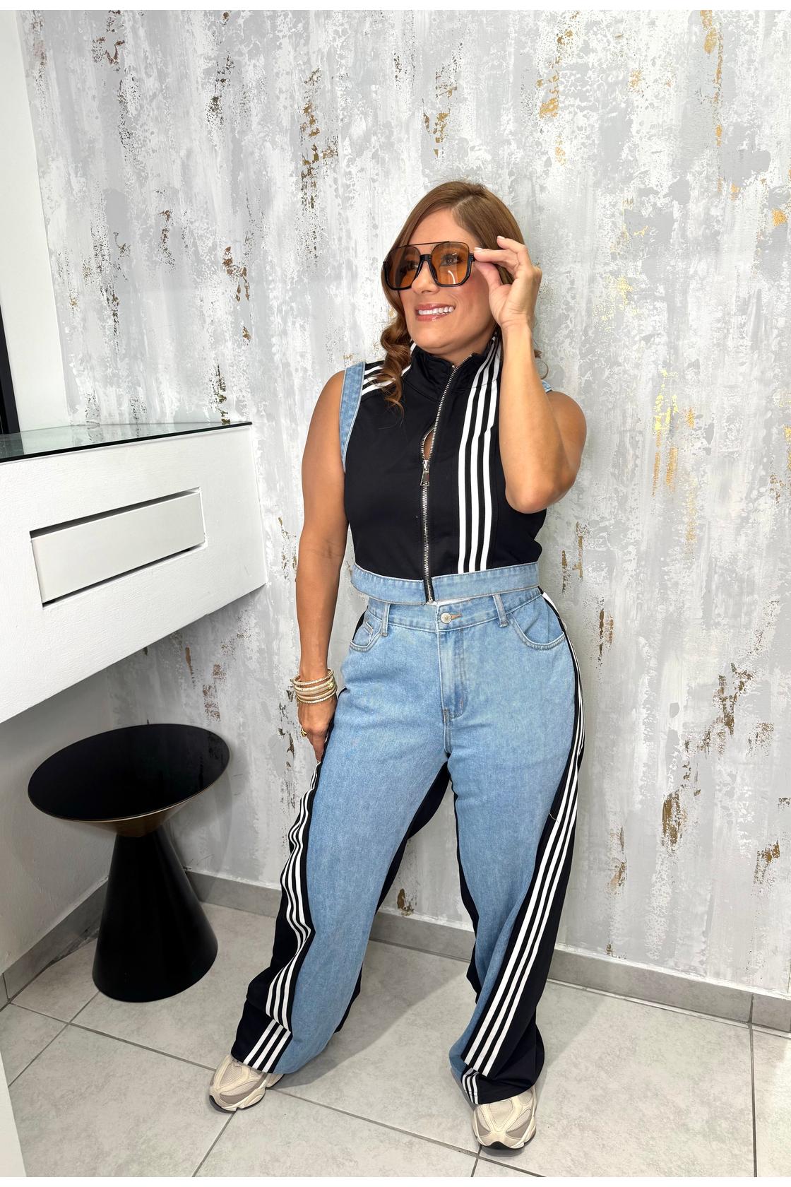 Denim Contrast  Set With White Stripe Pattern