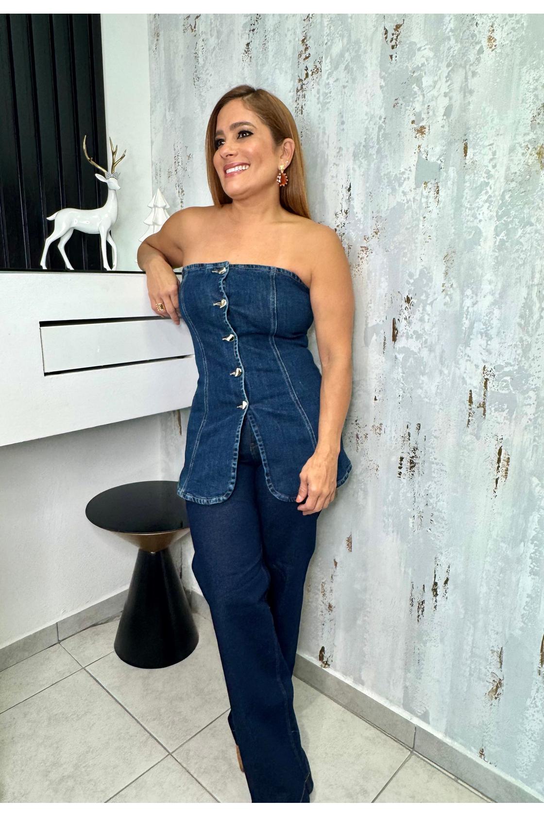Strech Denim Button Tube Top