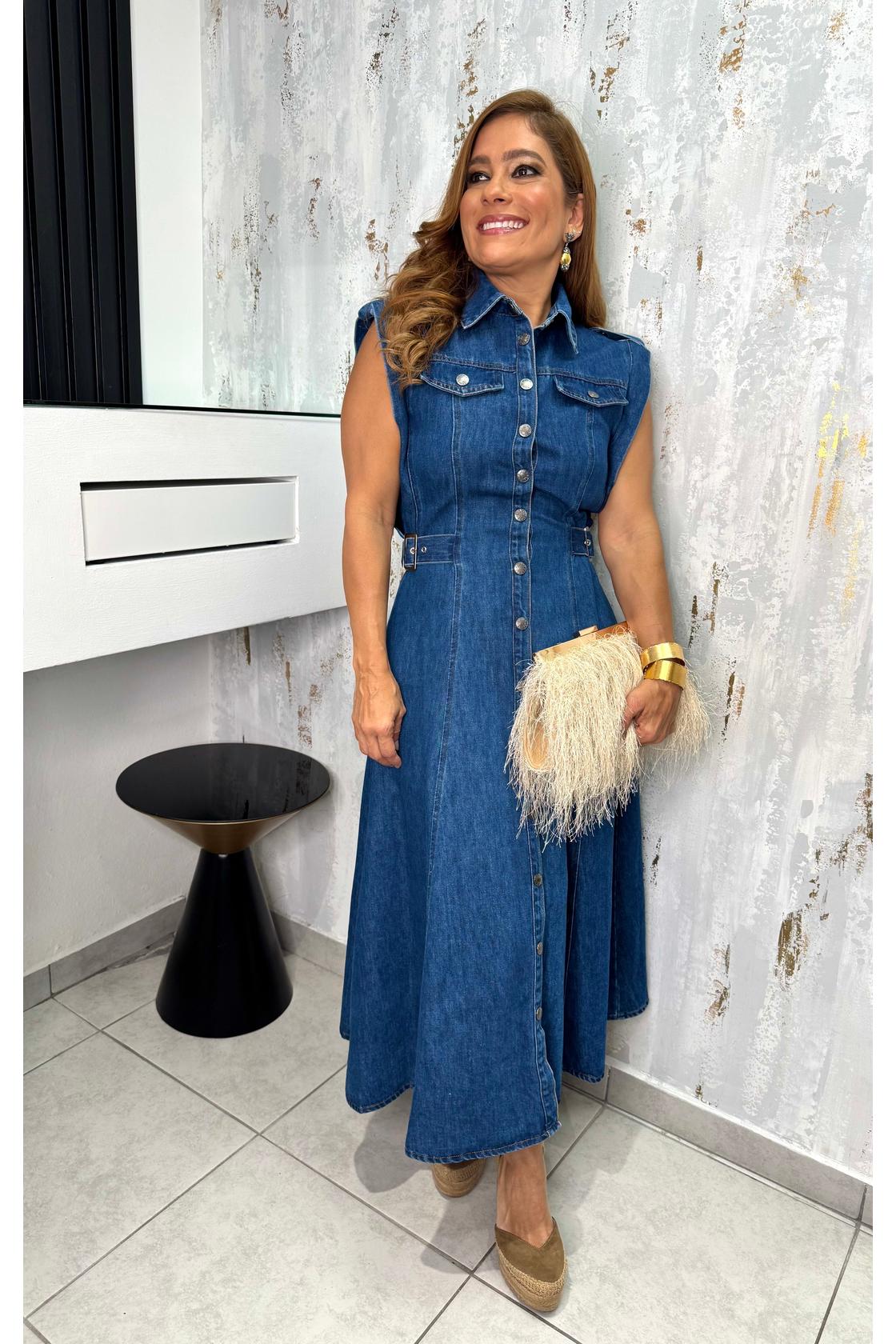 Washed denim midi dress featuring collar, shoulder tab, front button down, buckle at side waist and circle skirt
