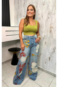 Elina Washed Embroidery Wide leg Denim