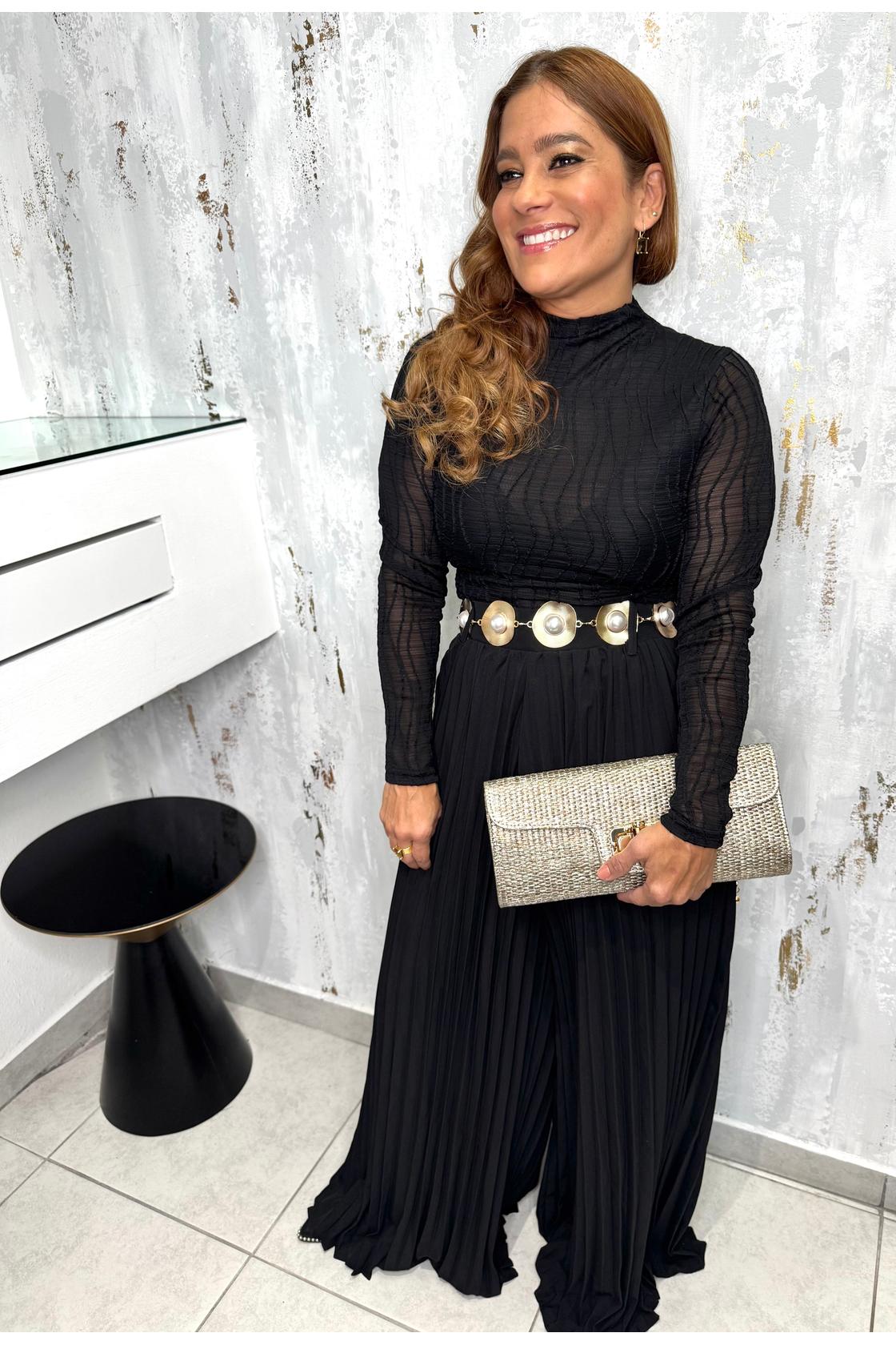 High-waisted pleated trousers & belt Gold