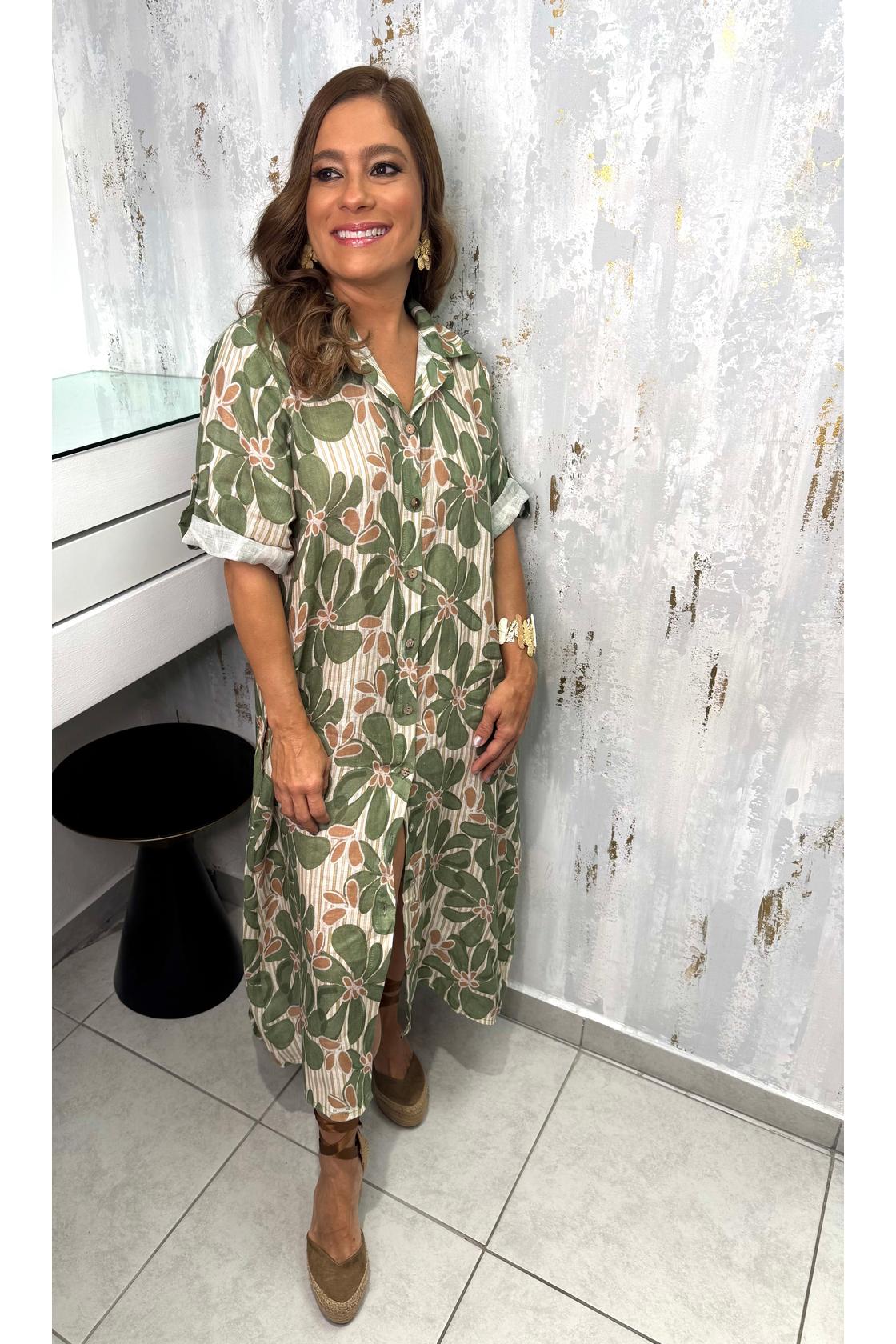 Button Down Flower Linen Dress