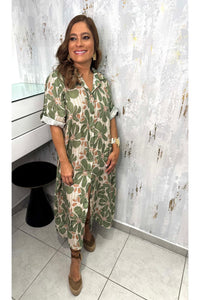 Button Down Flower Linen Dress