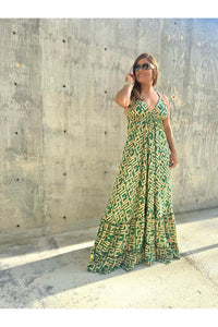 Print V Neck Ruffled Trim Tassel Waist  Dress