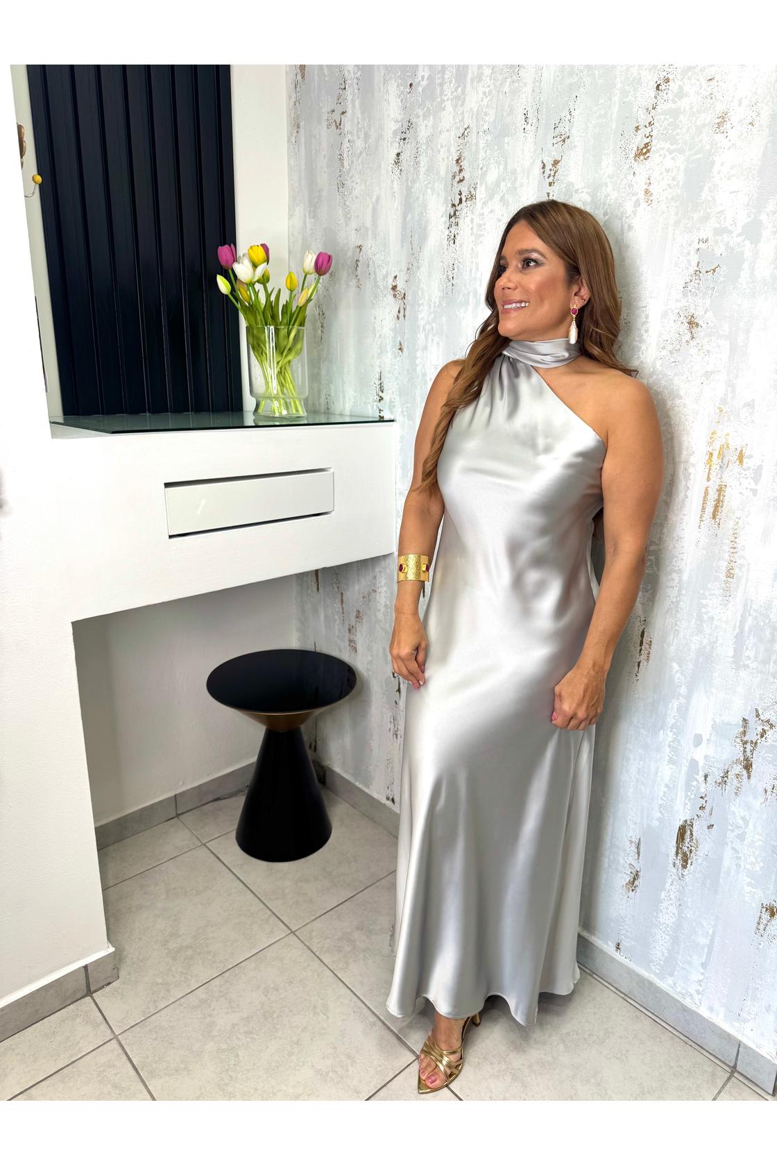 One Shoulder Satin Midi Dress W Scarf