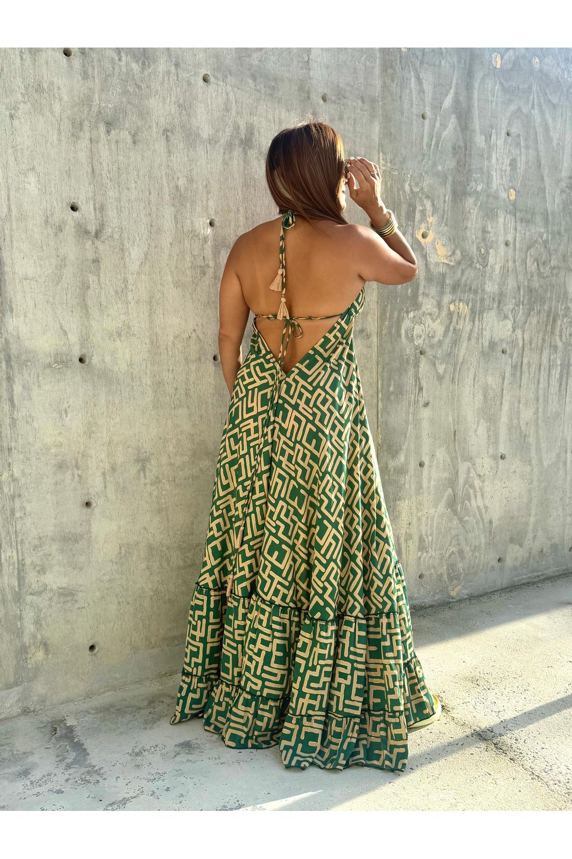 Print V Neck Ruffled Trim Tassel Waist  Dress