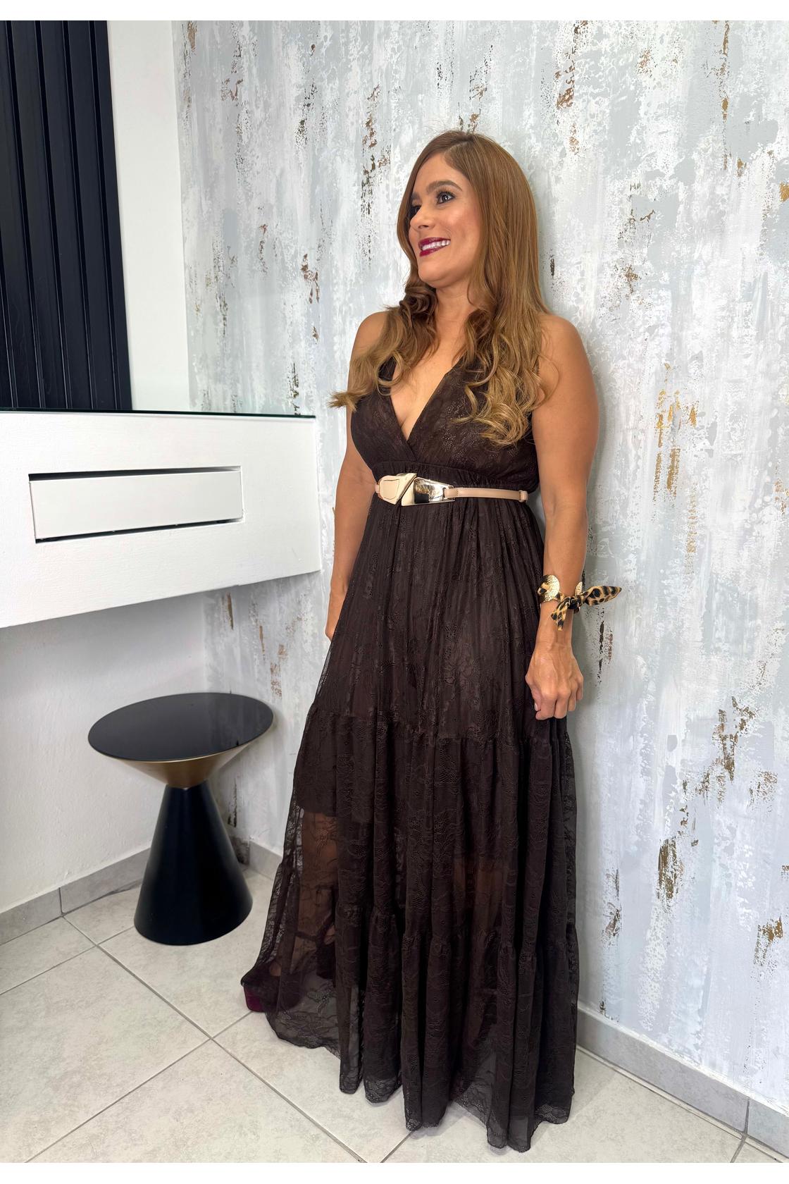 Lurex Pleats Lace Maxi Dress