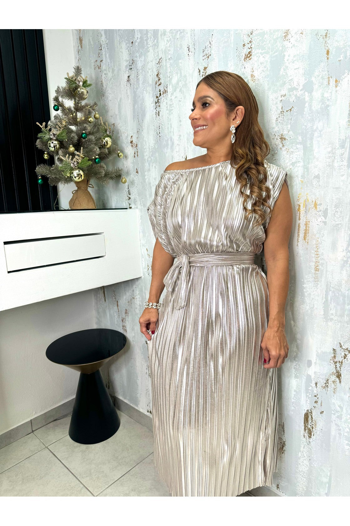 Silver Pleated Maxi Dress