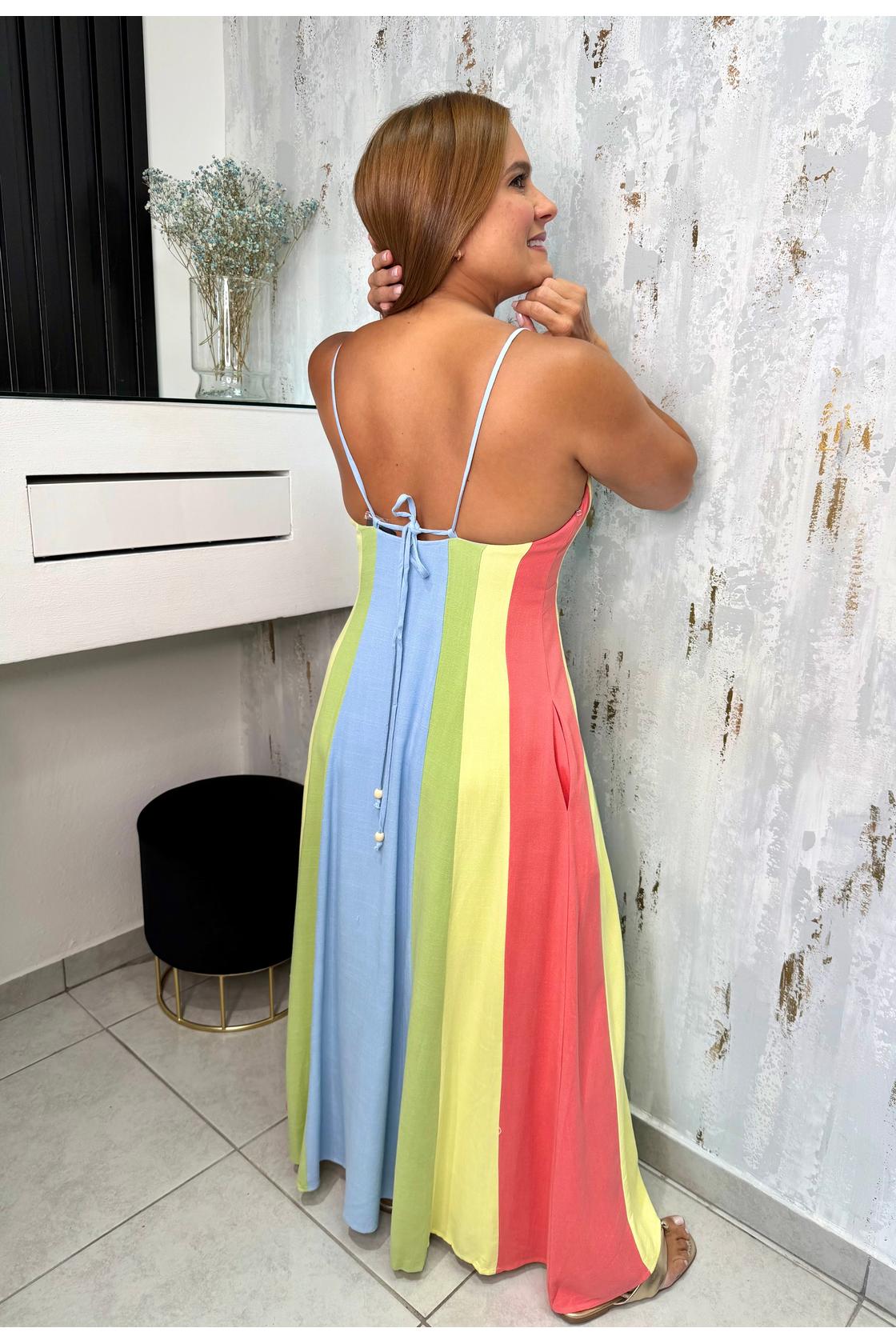 Linen Multi-Stripe Midi Dress