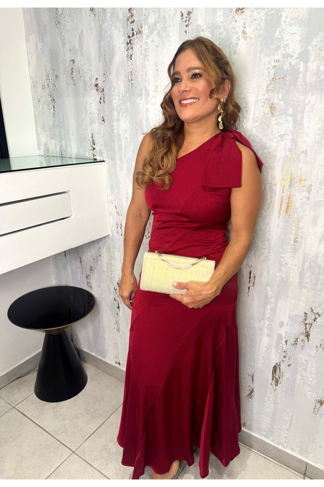 Holiday Glam One-shoulder Bow Detail Midi Dress