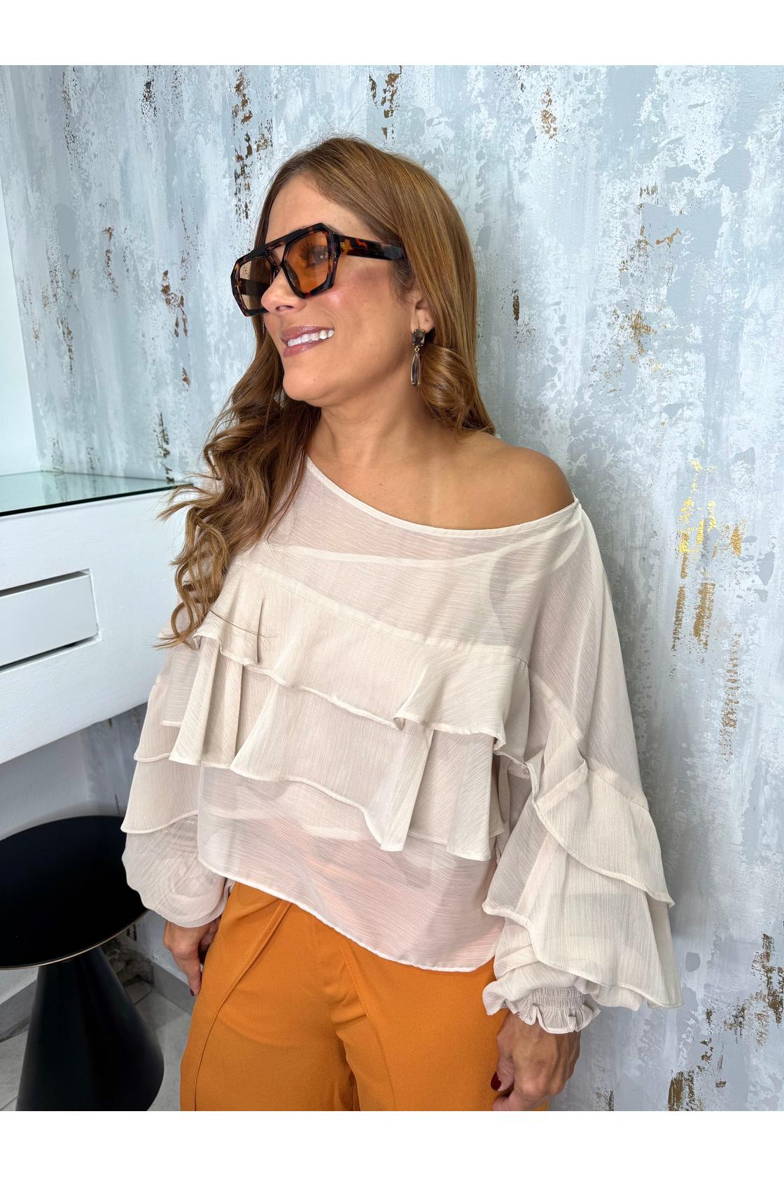 Ruffle Sheer Long Sleeve Blouse