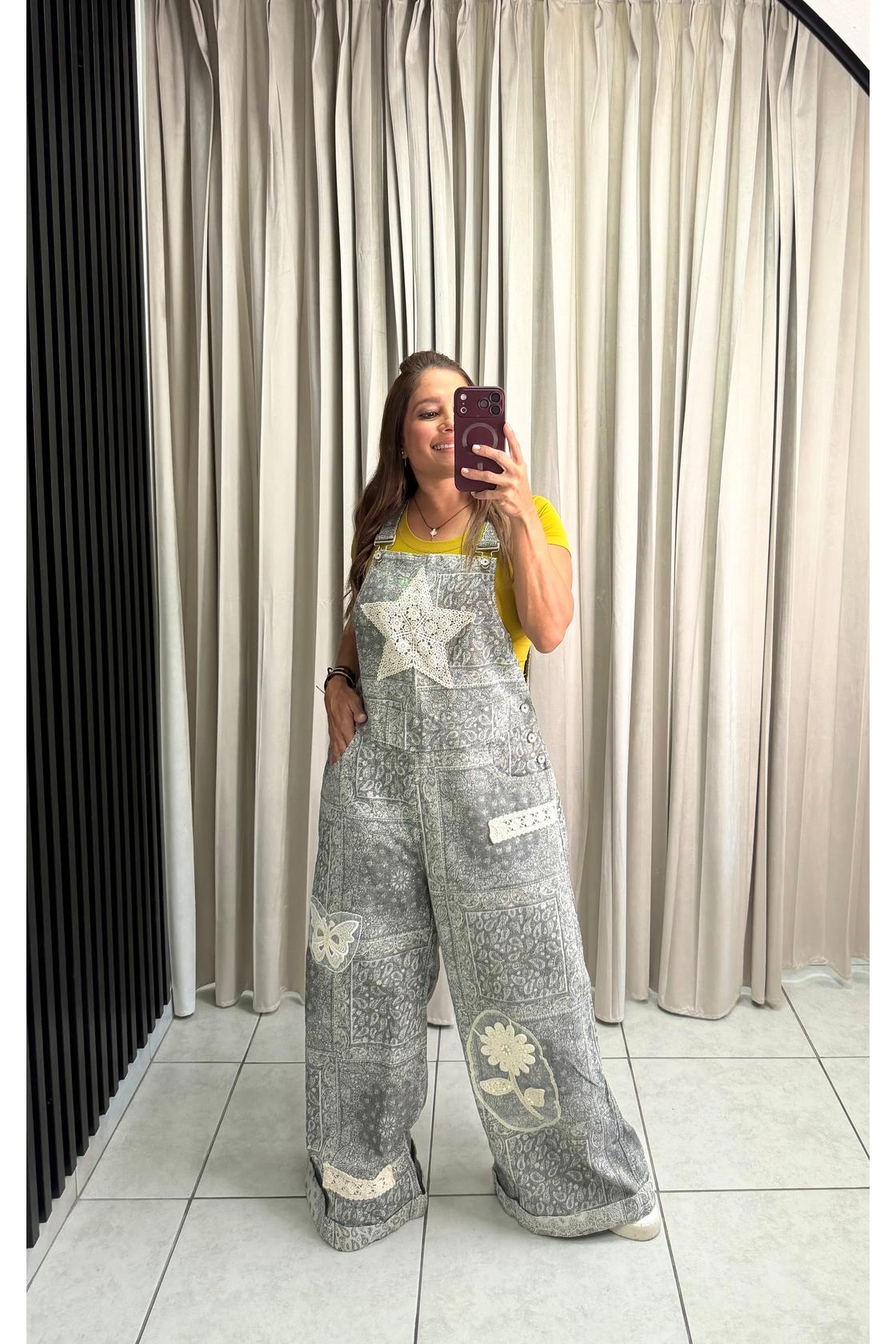 Paisley Print Wide-Leg Overalls