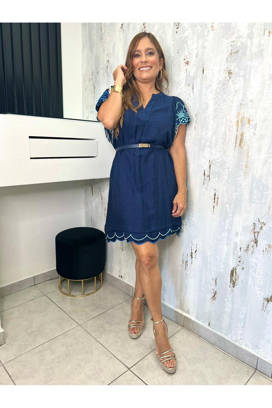 Embroidered Flutter Sleeve Tunic Dress