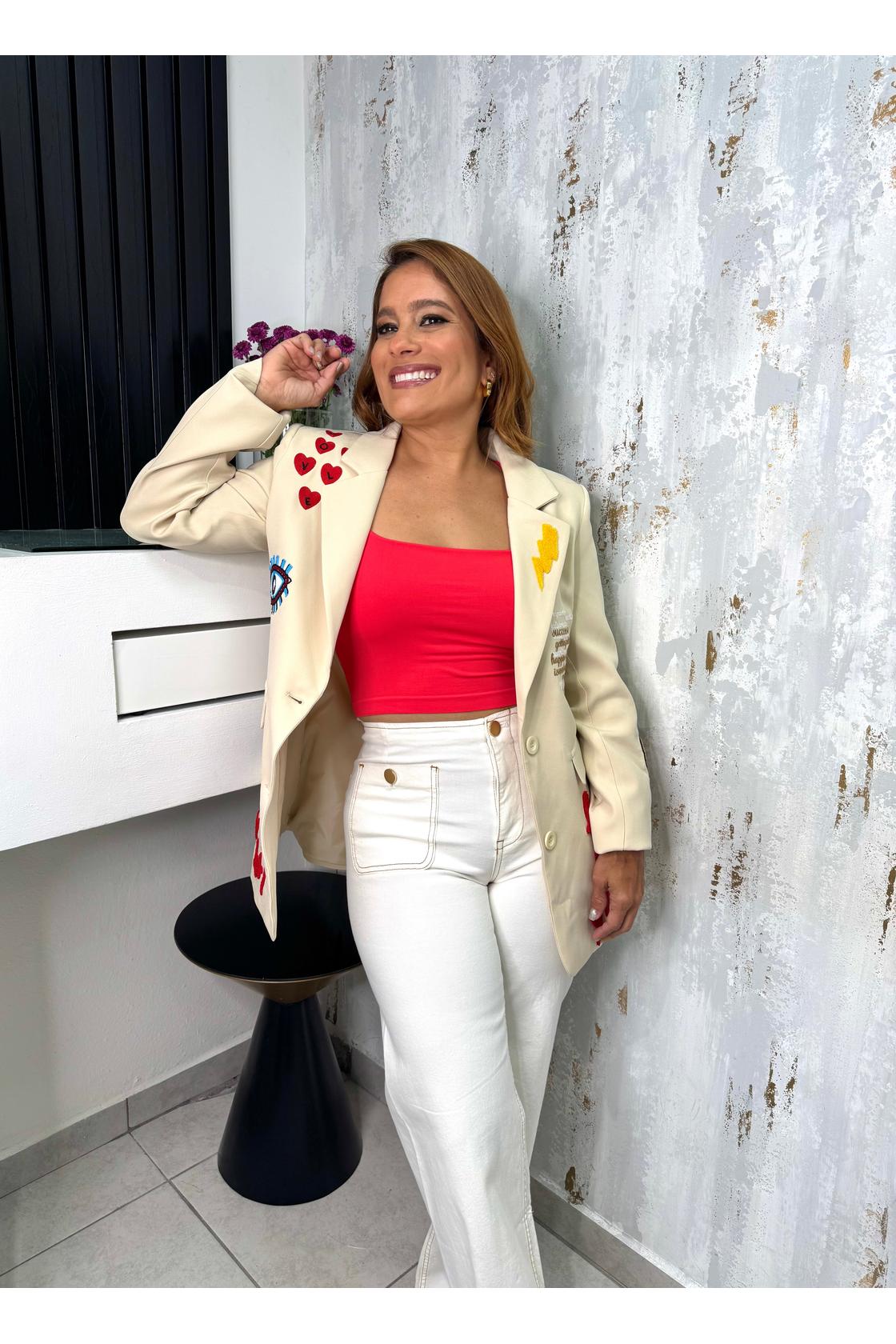 Bold Embroidered Heart Patchwork Blazer