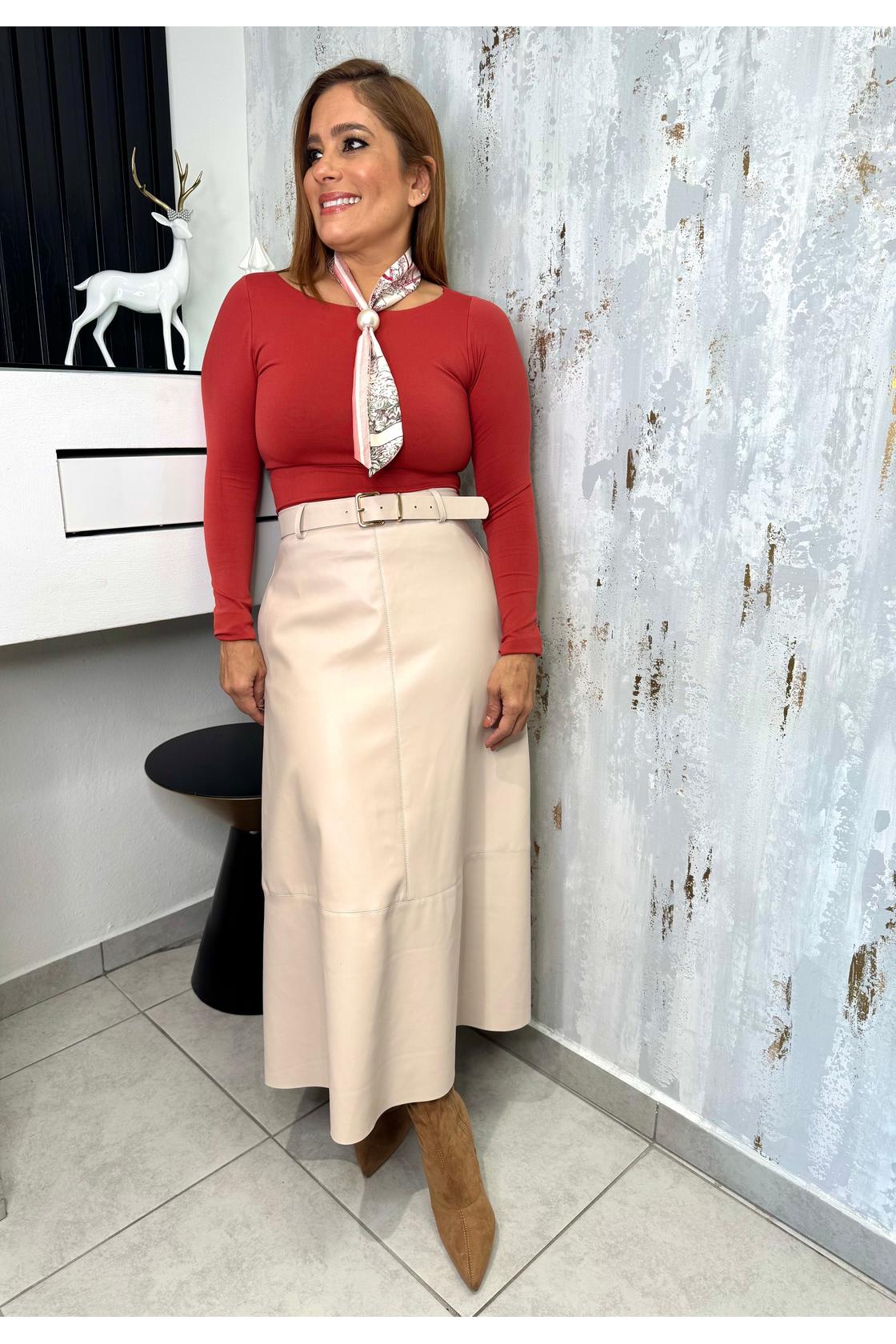 High Waist Leather Midi Skirt