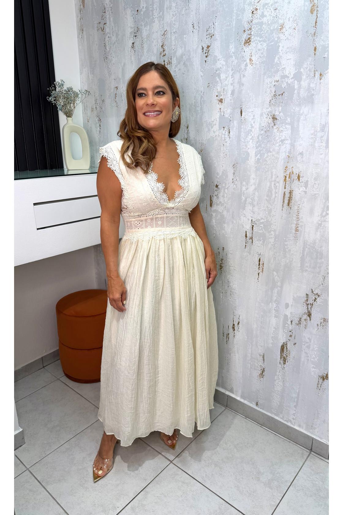V Neck Lace Midi Dress