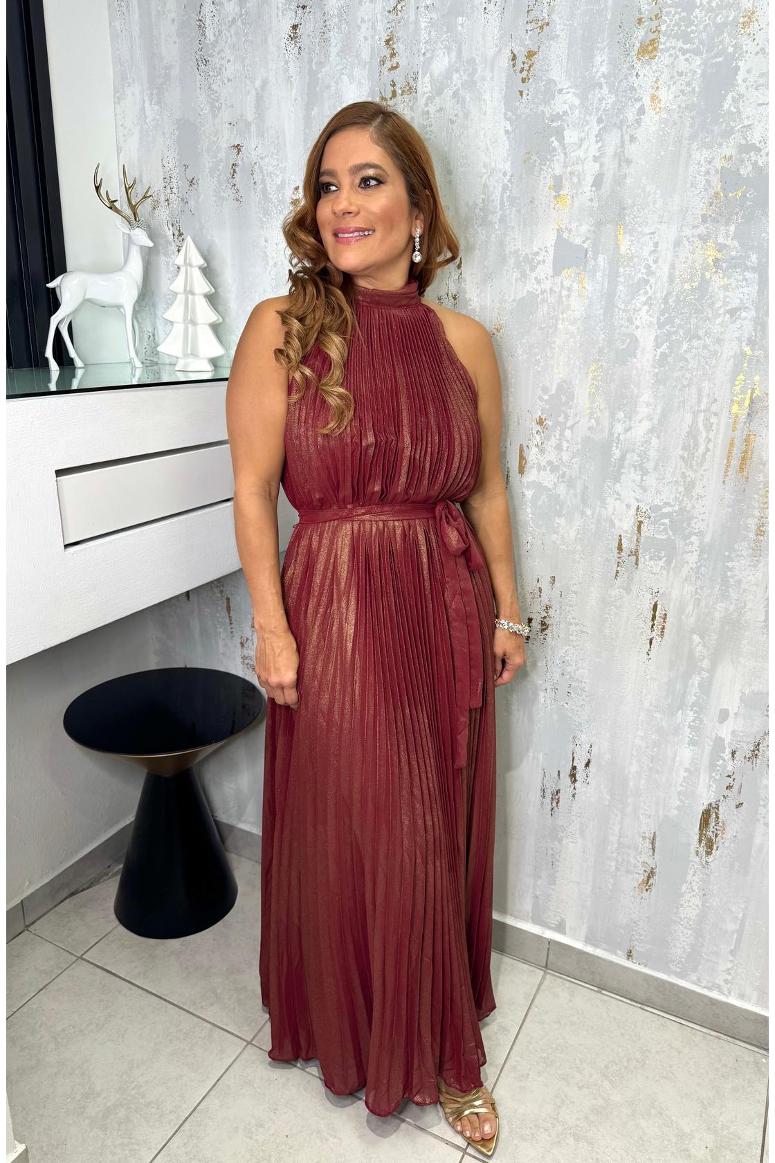 Metallic Pleated Midi Dress