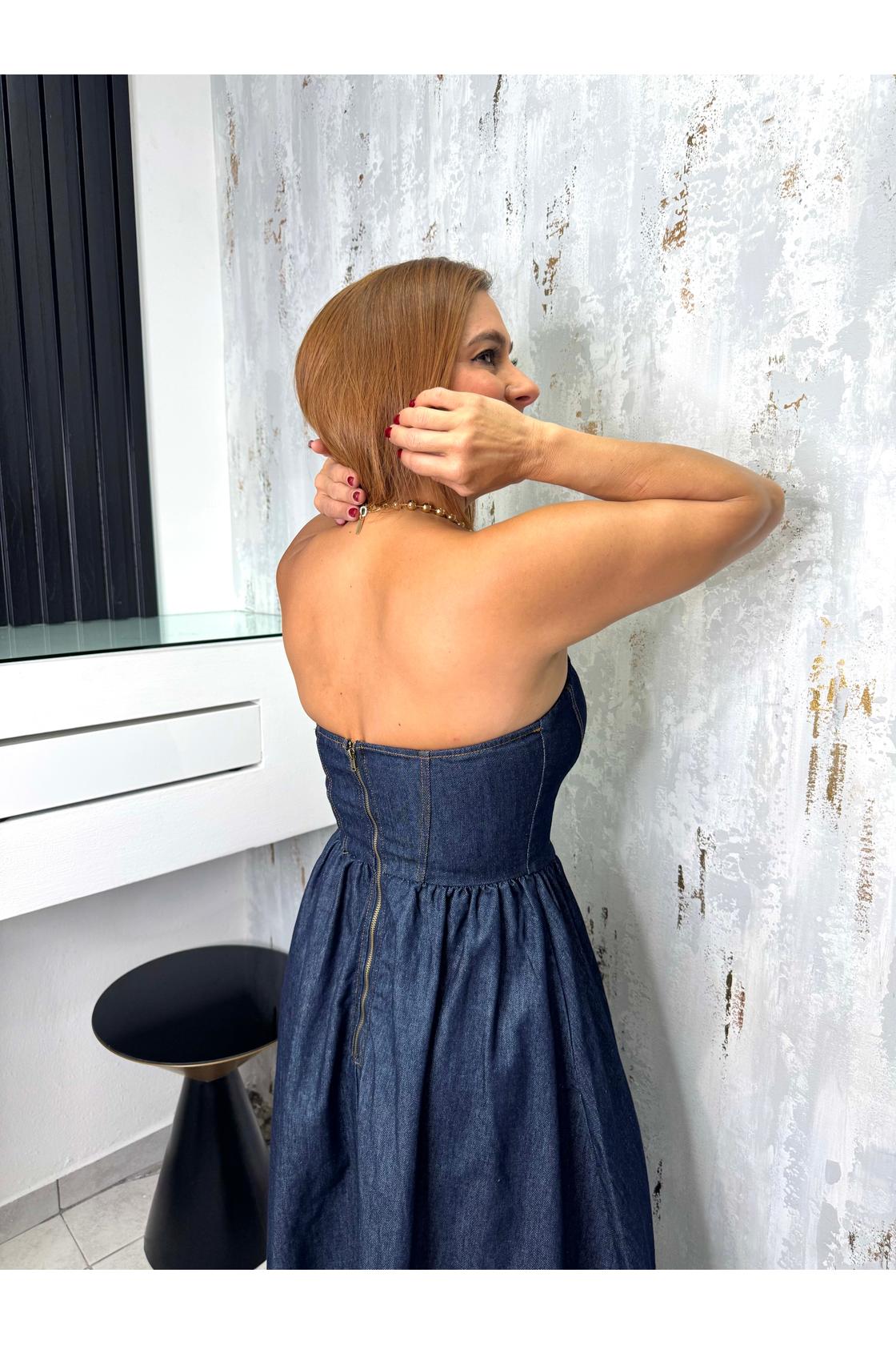 A Denim Midi Dress Featuring Strapless Sweetheart Neckline  Bustier Top
