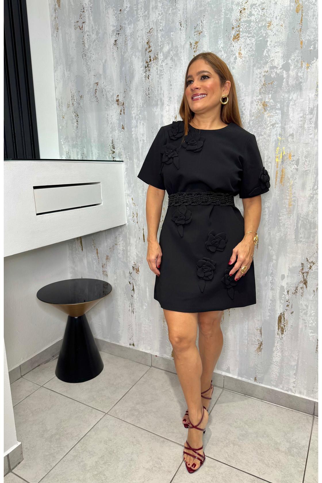 Elegant 3d Floral Applique Shift Mini Dress