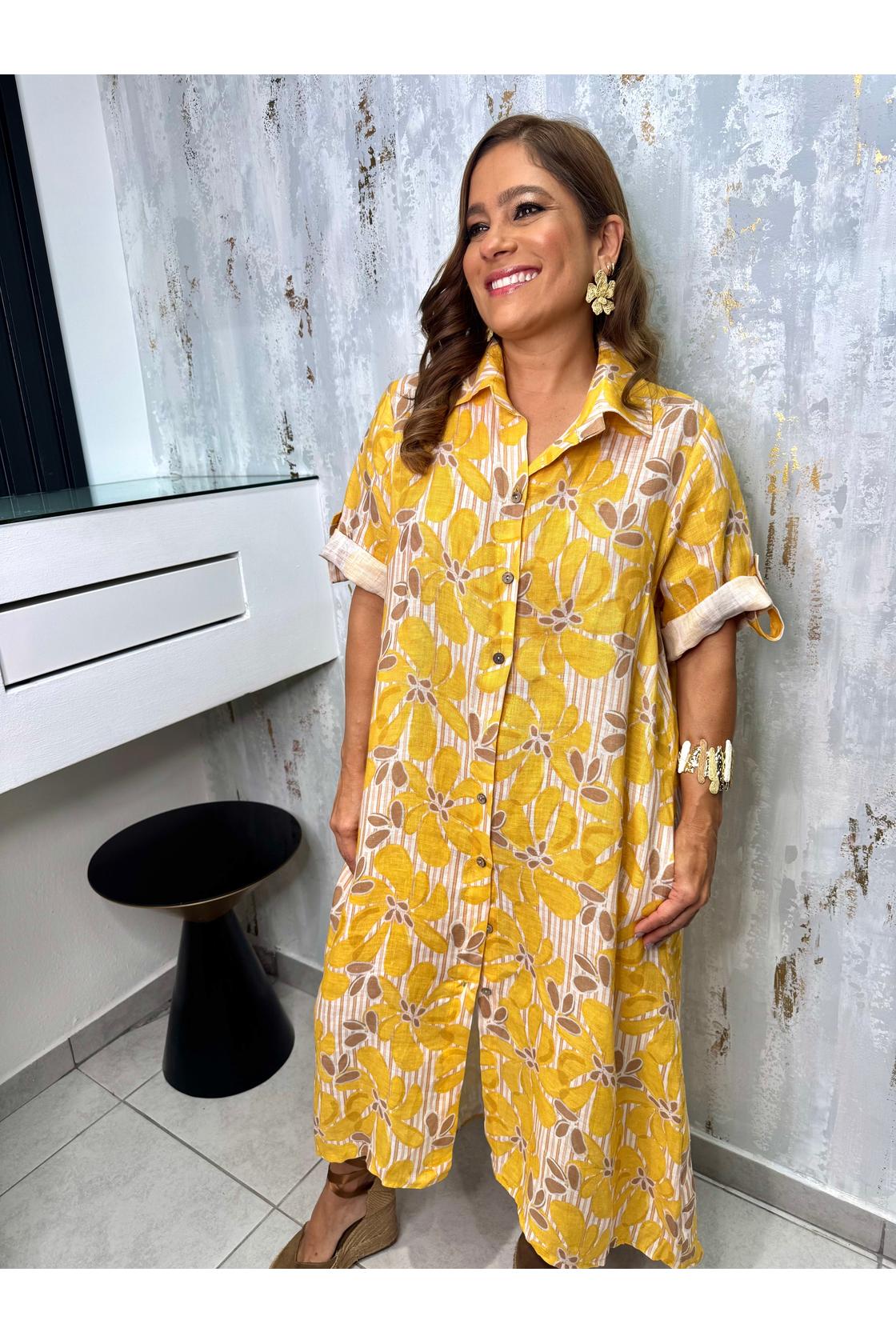 Button Down Flower Linen Dress