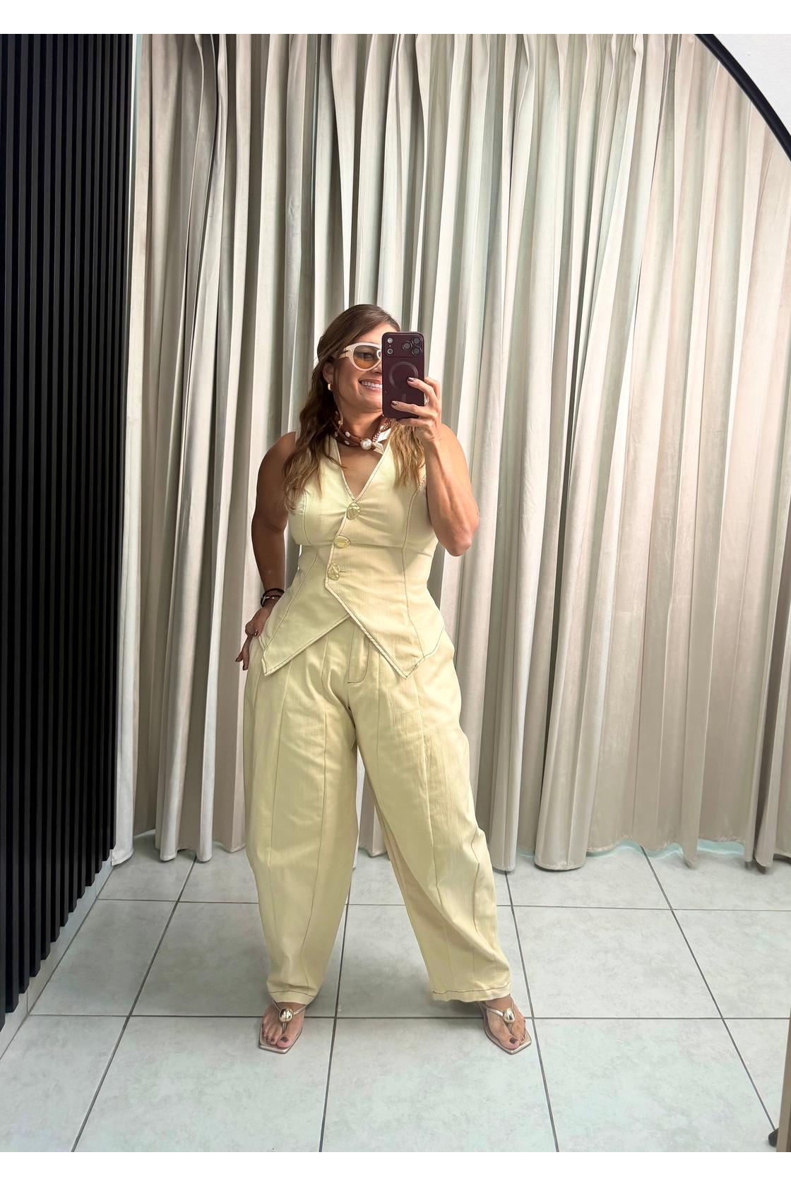 Button Front Vest And Wide-leg Barril Set