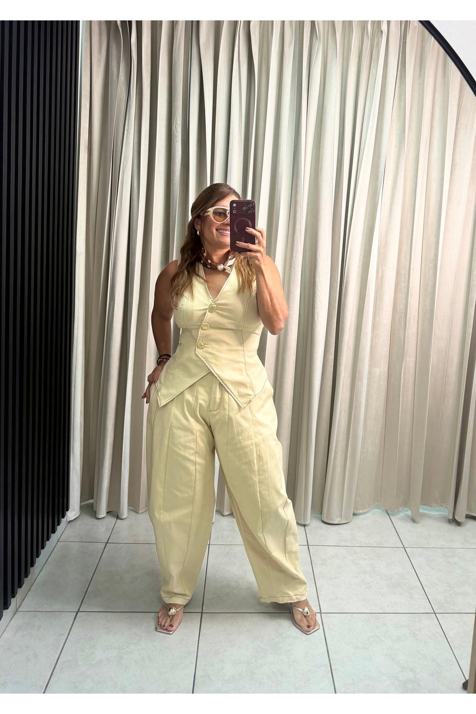 Button Front Vest And Wide-leg Barril Set