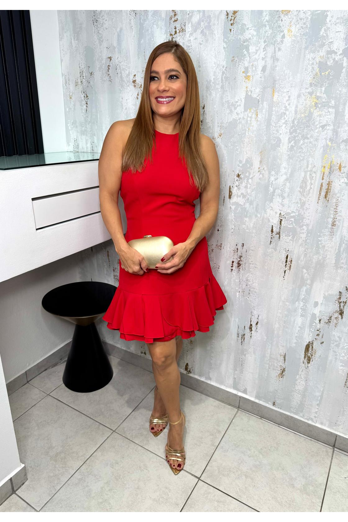 Halter Neck Tie-back Ruffle
Hem Mini Dress