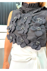 RUFFLED MOCK NECK 3D FLORAL BEADED BLOUSE TOP