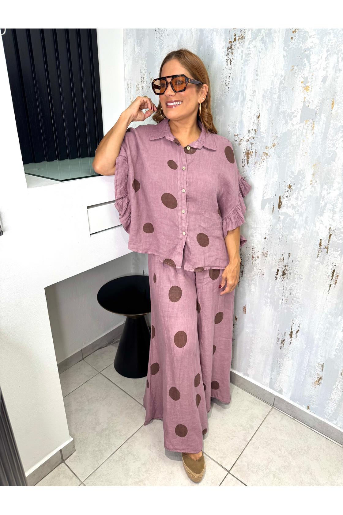 Linen Casaul Polka Dot Pants & Blouse Set