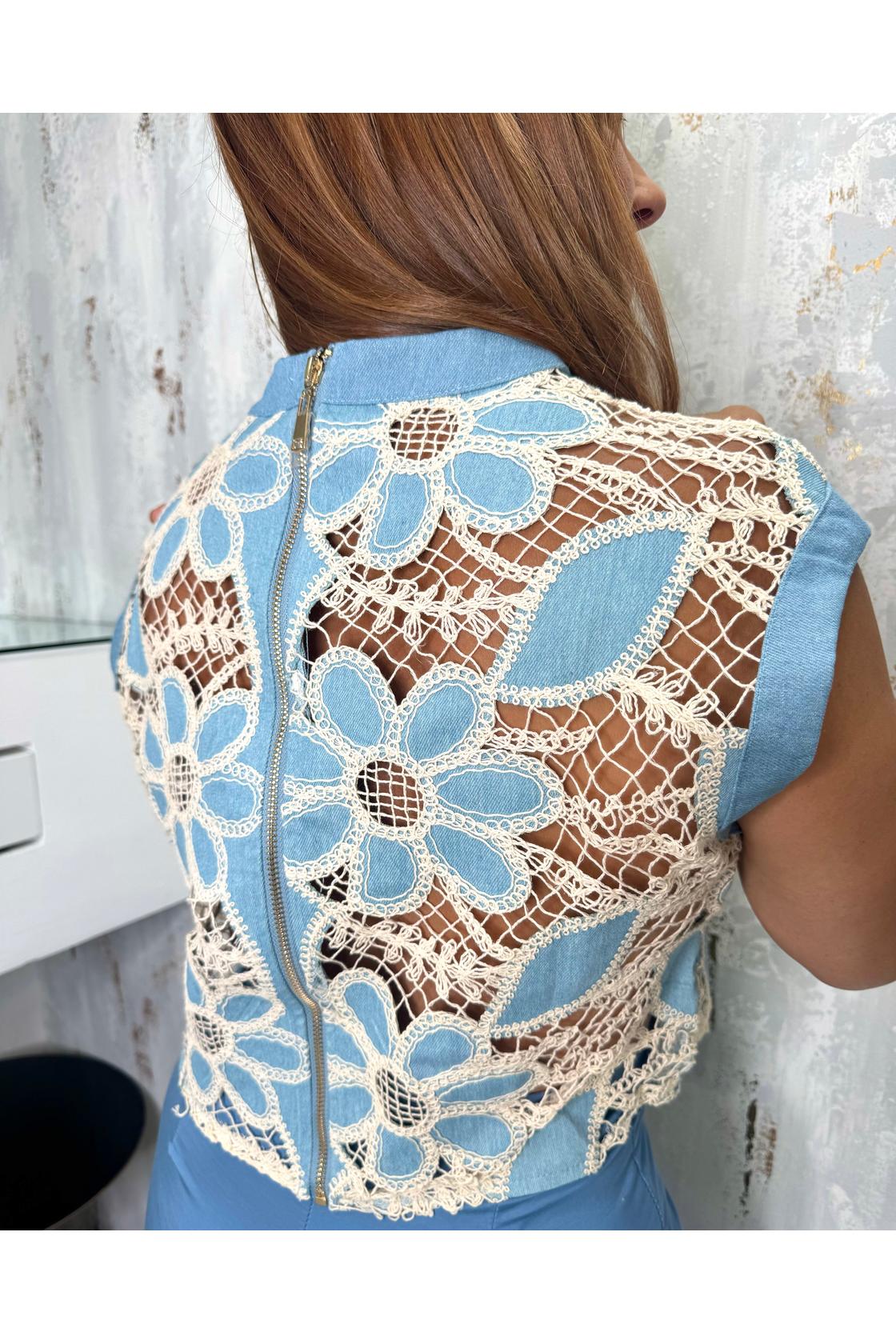 Crochet Lace Color Block Shirt denim
