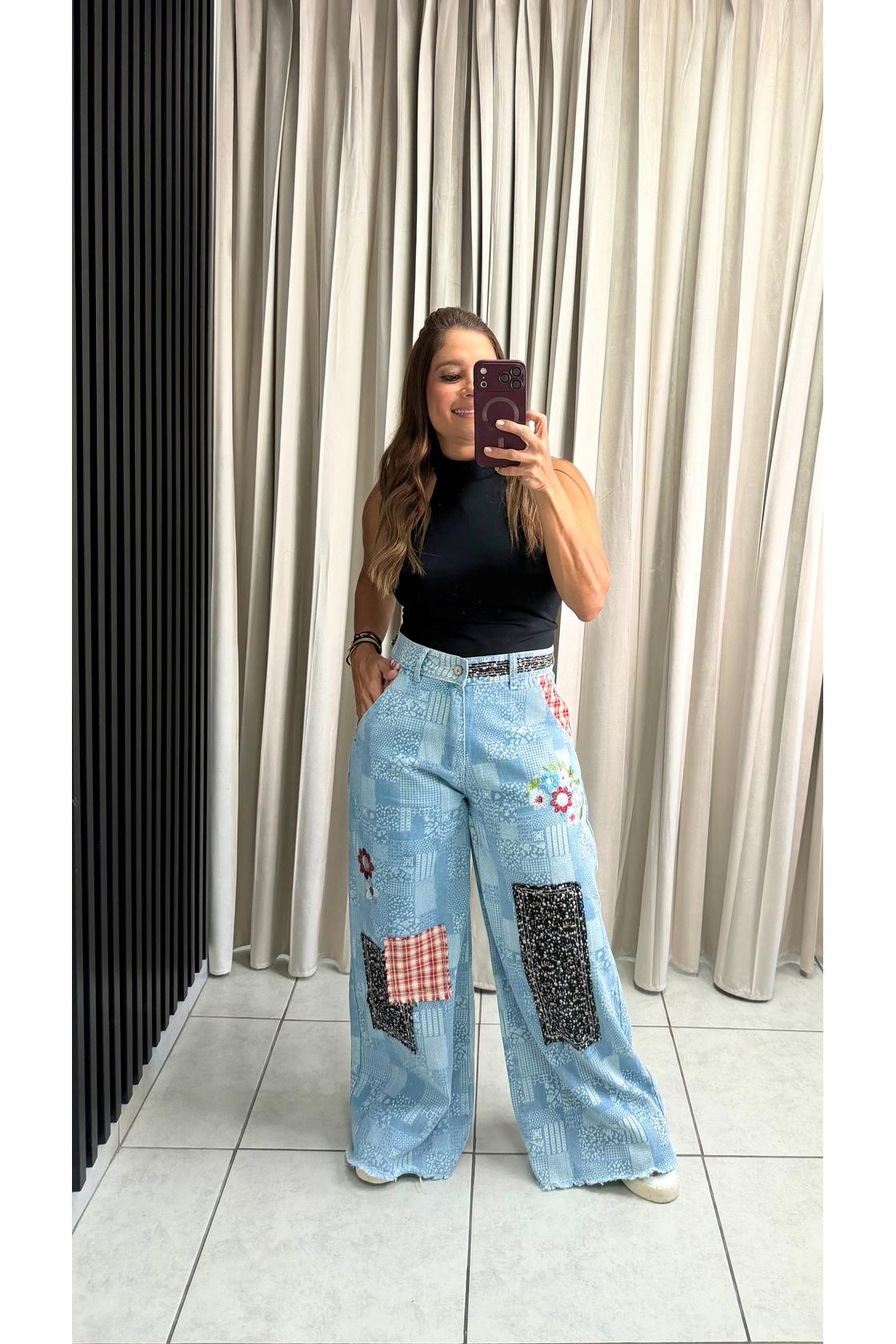 Patchwork Wide-Leg Pants